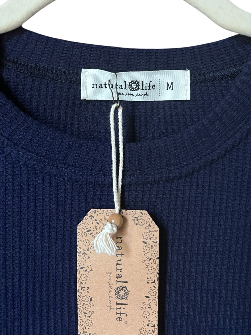 Natural Life Waffle Knit Thermal Top Boho Stripe Sleeve Navy Blue Medium NWT - Picture 4 of 6